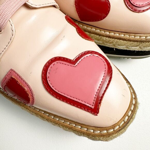 PRADA Pink Red Heart Leather Platform Loafers 39 US 8.5 Flats Lace Up Oxfords - Picture 12 of 13